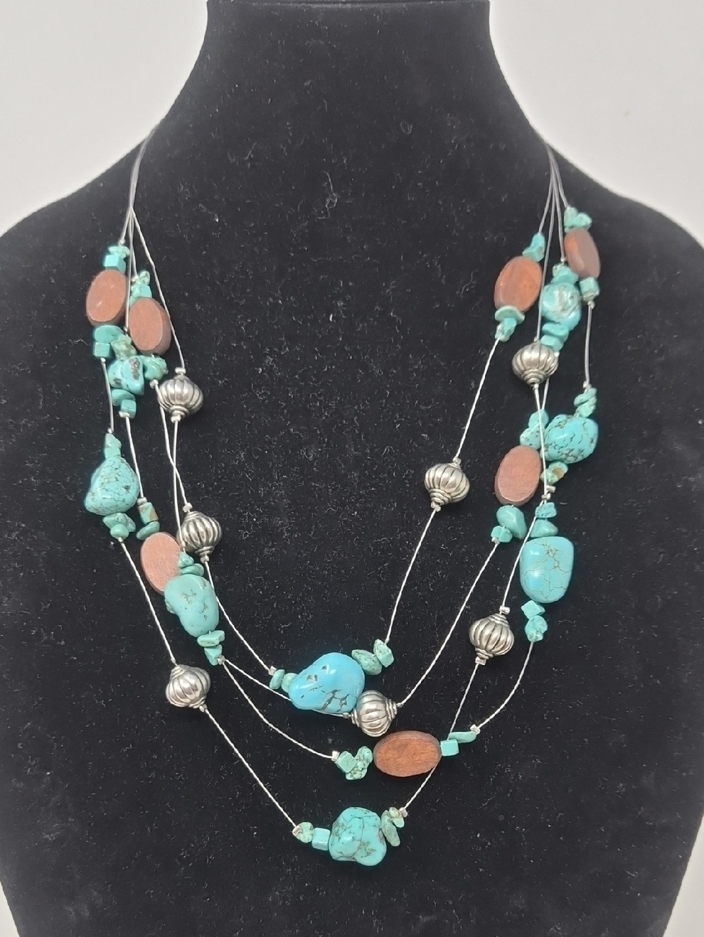 Turquoise Multi-Strand Bead Necklace with Brown Wood Accents